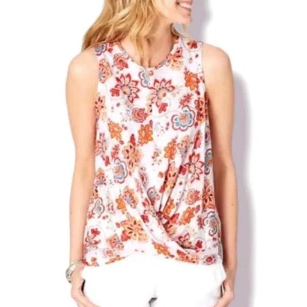 J. Jill Love Linen Sleeveless Twist Front Top Orange Floral Size Medium